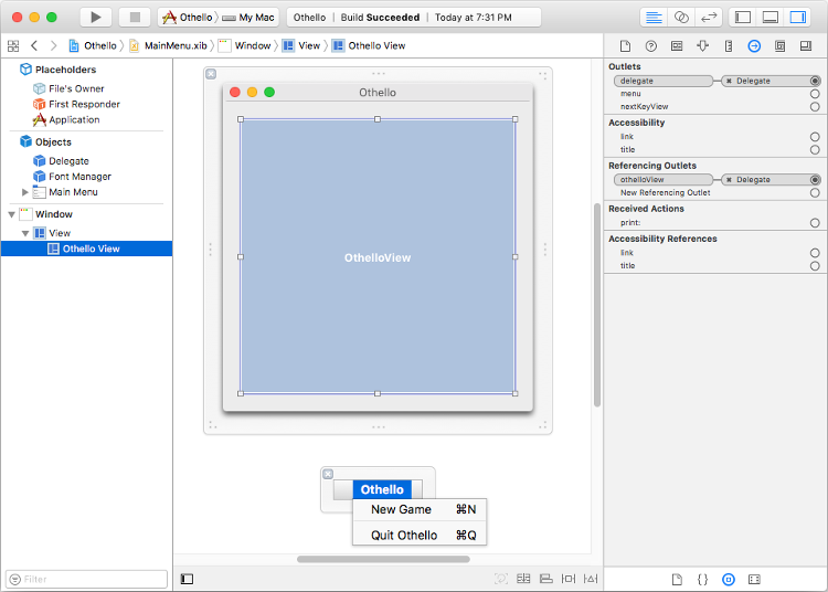 Screenshot of the Othello MainMenu nib in Xcode.